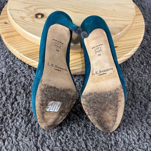 LK Bennett Suede Pumps Womens 9 Blue Slip On Round Toe Stiletto Made in Spain - Picture 9 of 10